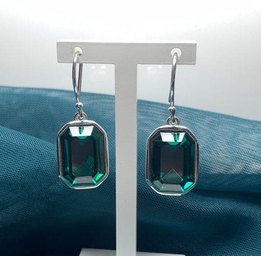 Large emerald green crystal octagonal drop earrings