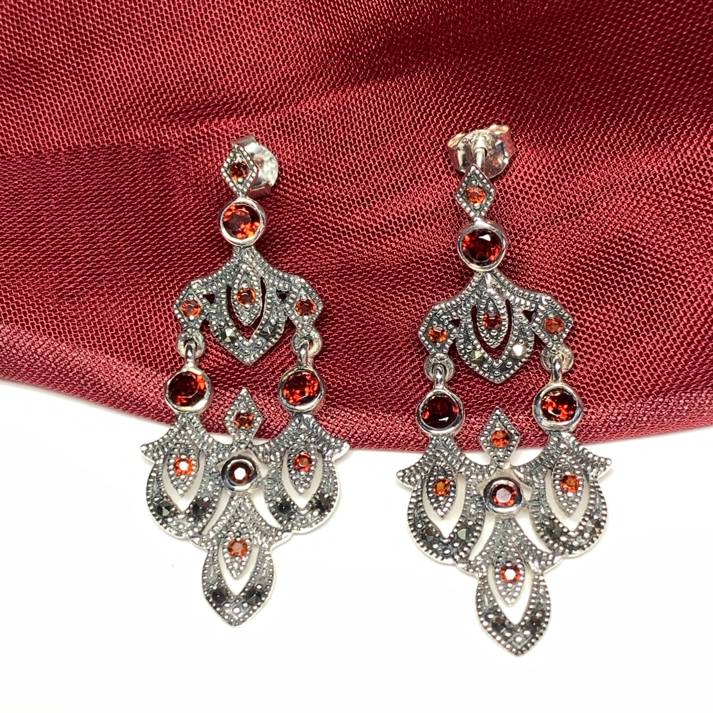 Large garnet marcasite drop earrings sterling silver.JPEG
