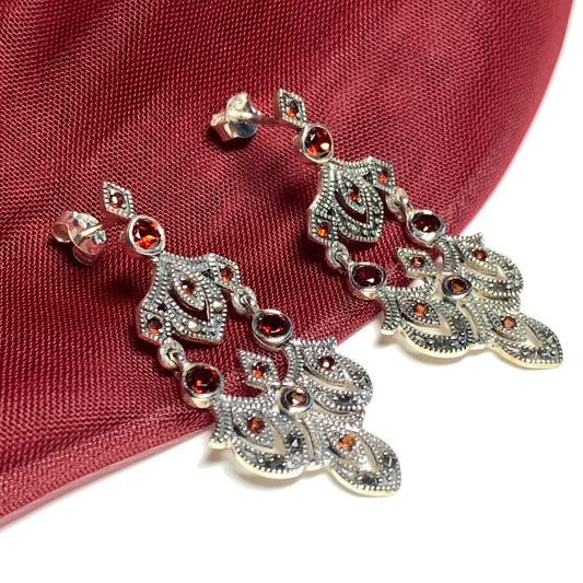 Large garnet marcasite drop earrings sterling silver.JPEG
