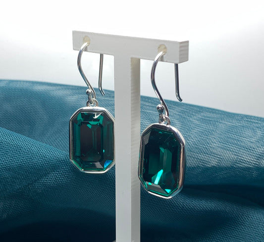 Large emerald green crystal octagonal drop earrings