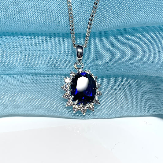 Large necklace deep sapphire blue white cubic zirconia oval cluster