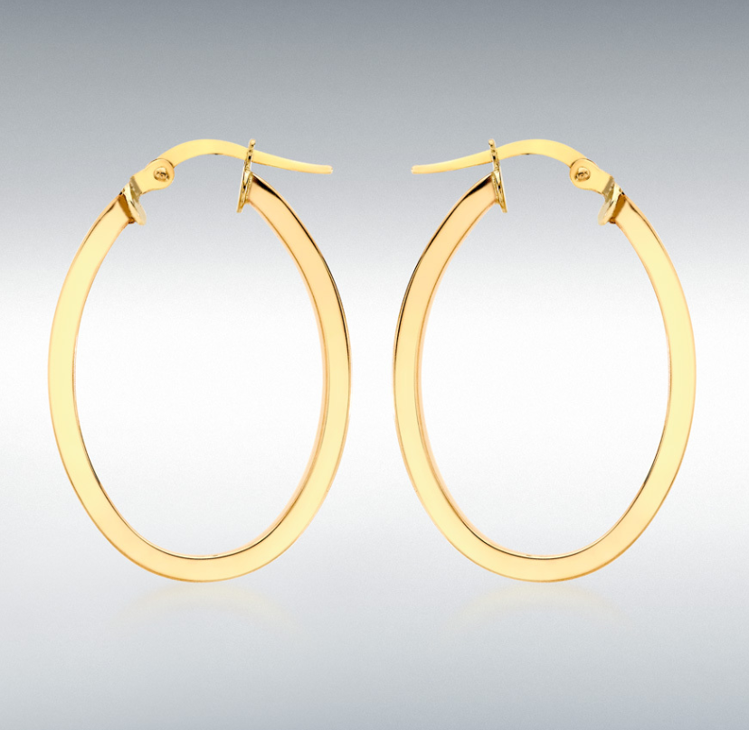 Large yellow gold oval hoop earrings plain polished