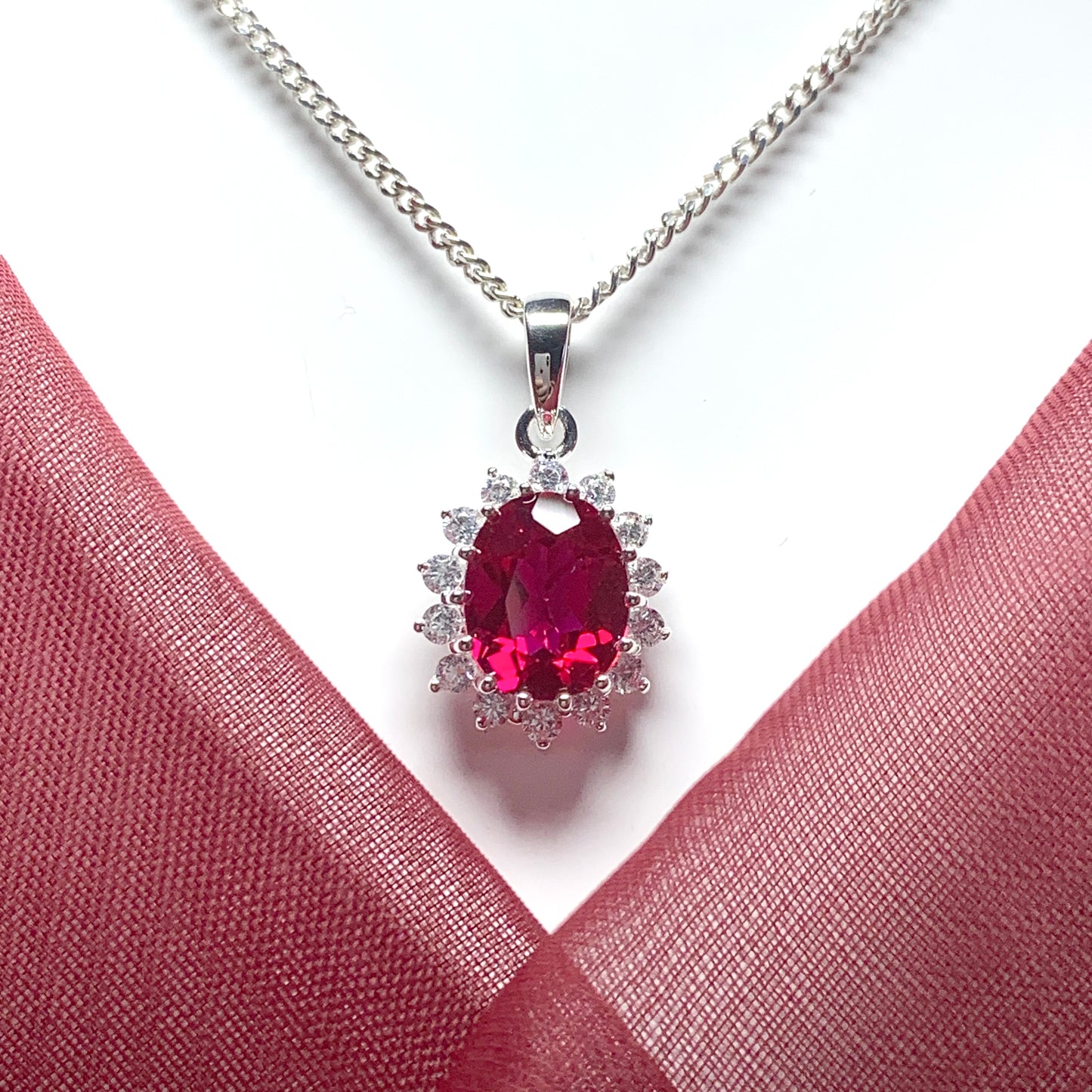 Large pendant bright ruby red and white cubic zirconia oval cluster dress cocktail necklace