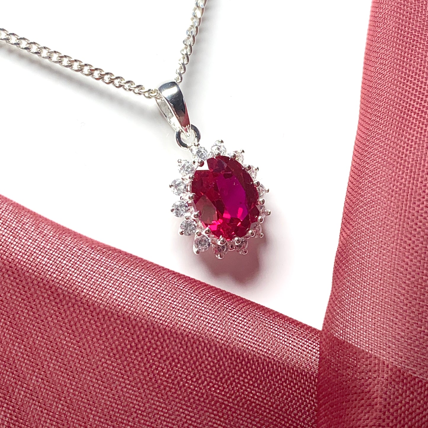 Large pendant bright ruby red and white cubic zirconia oval cluster dress cocktail necklace