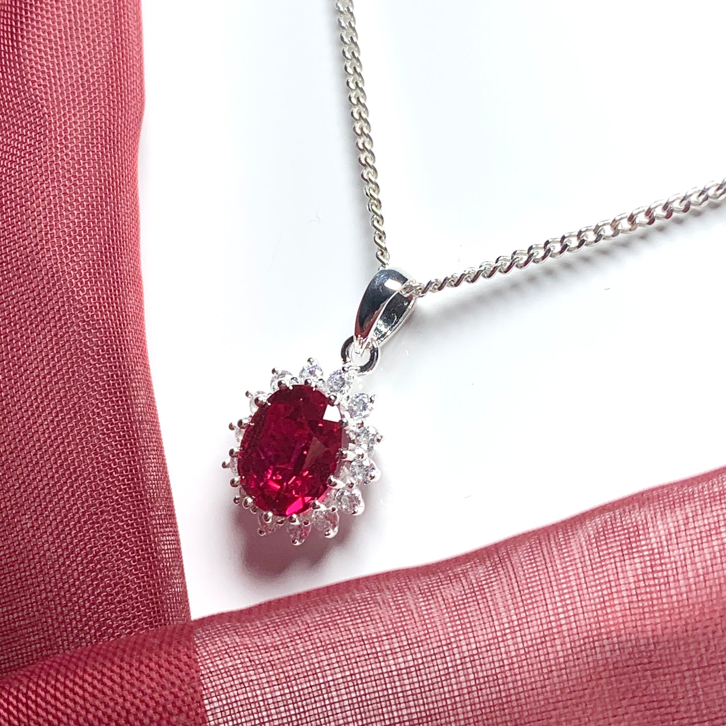 Large pendant bright ruby red and white cubic zirconia oval cluster dress cocktail necklace