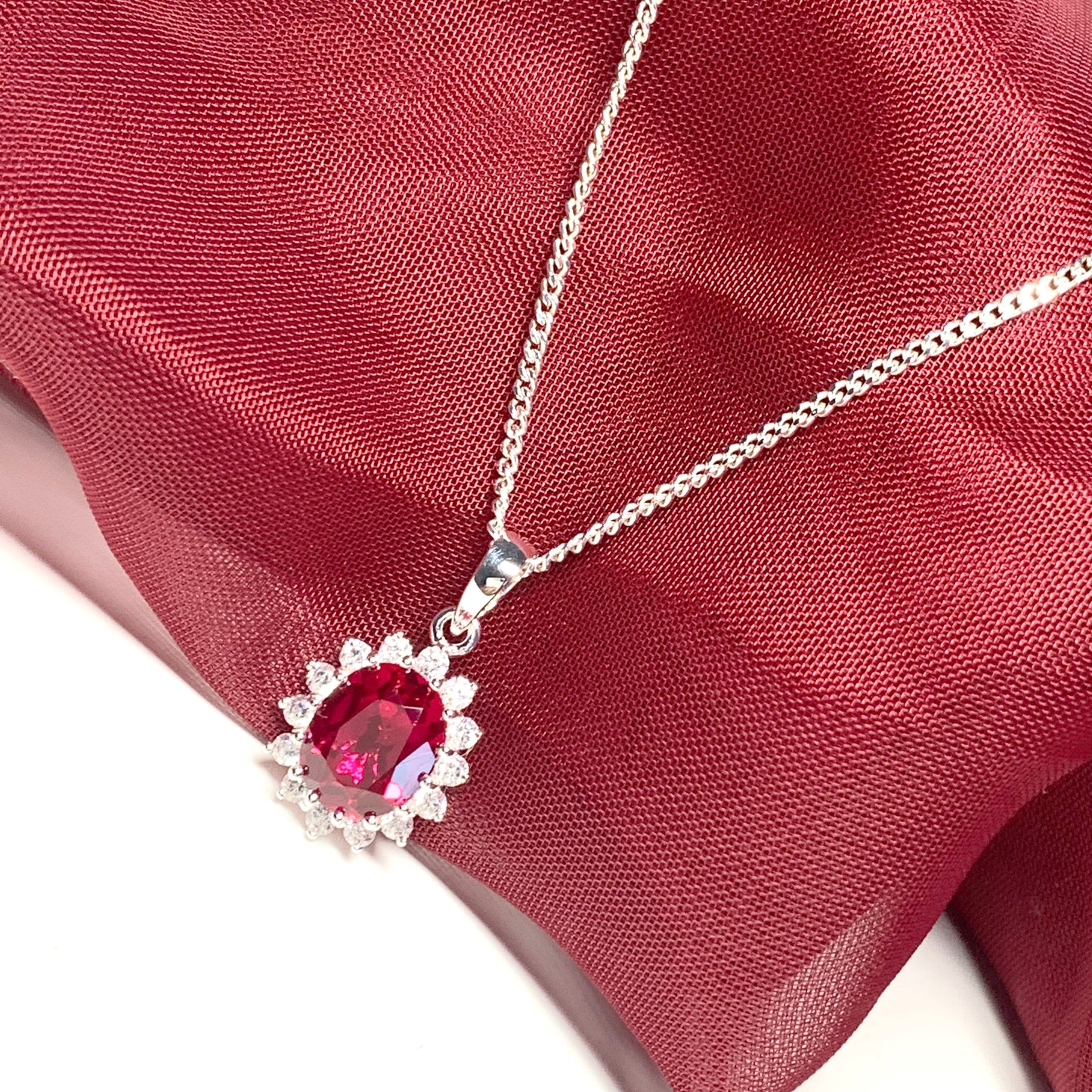 Large pendant bright ruby red and white cubic zirconia oval cluster dress cocktail necklace