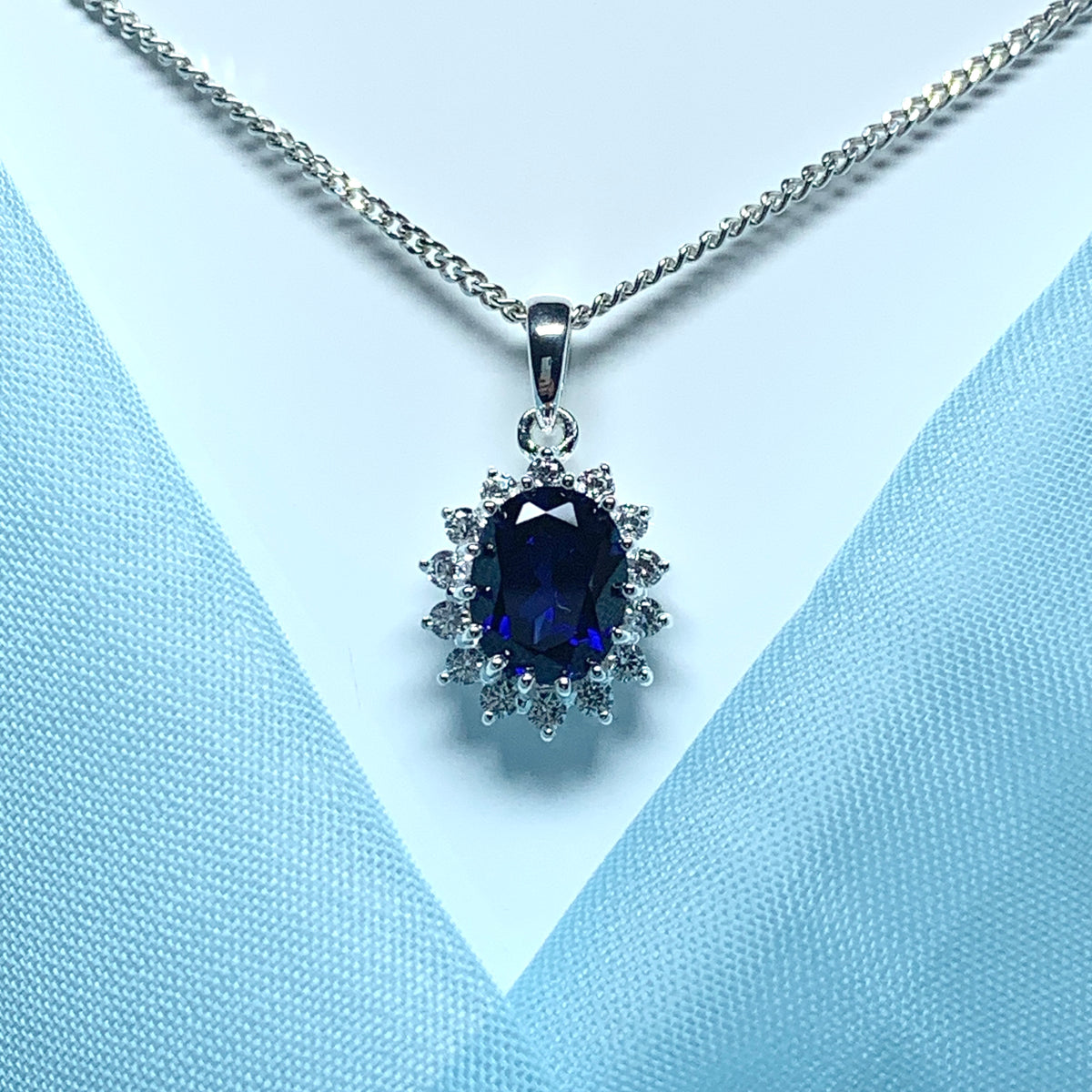 Large necklace deep sapphire blue white cubic zirconia oval cluster
