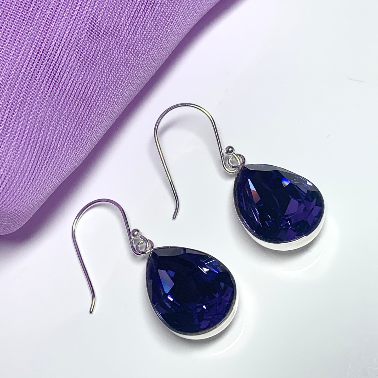 Large purple crystal drop earrings pear teardrop
