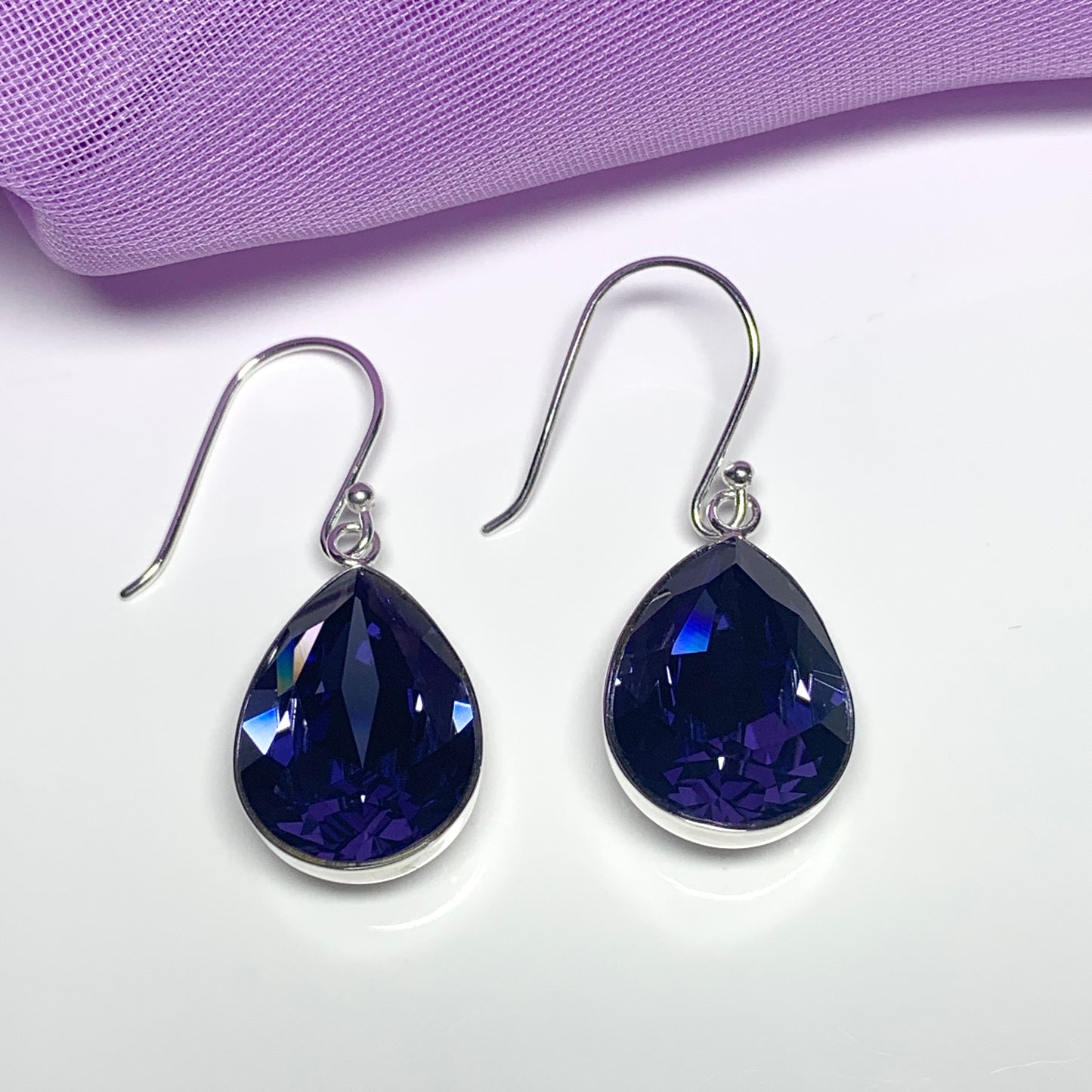 Large purple crystal drop earrings pear teardrop