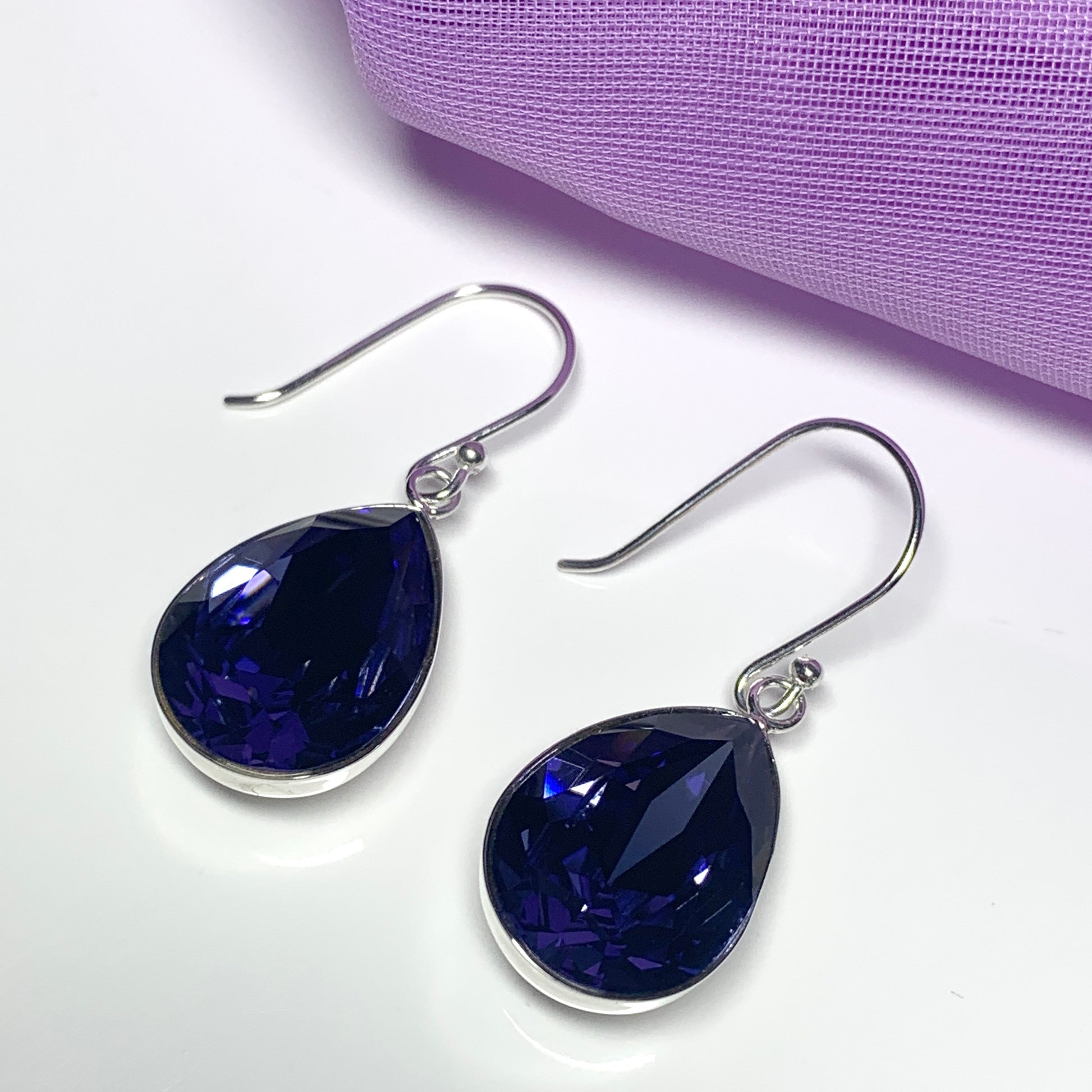 Large purple crystal drop earrings pear teardrop