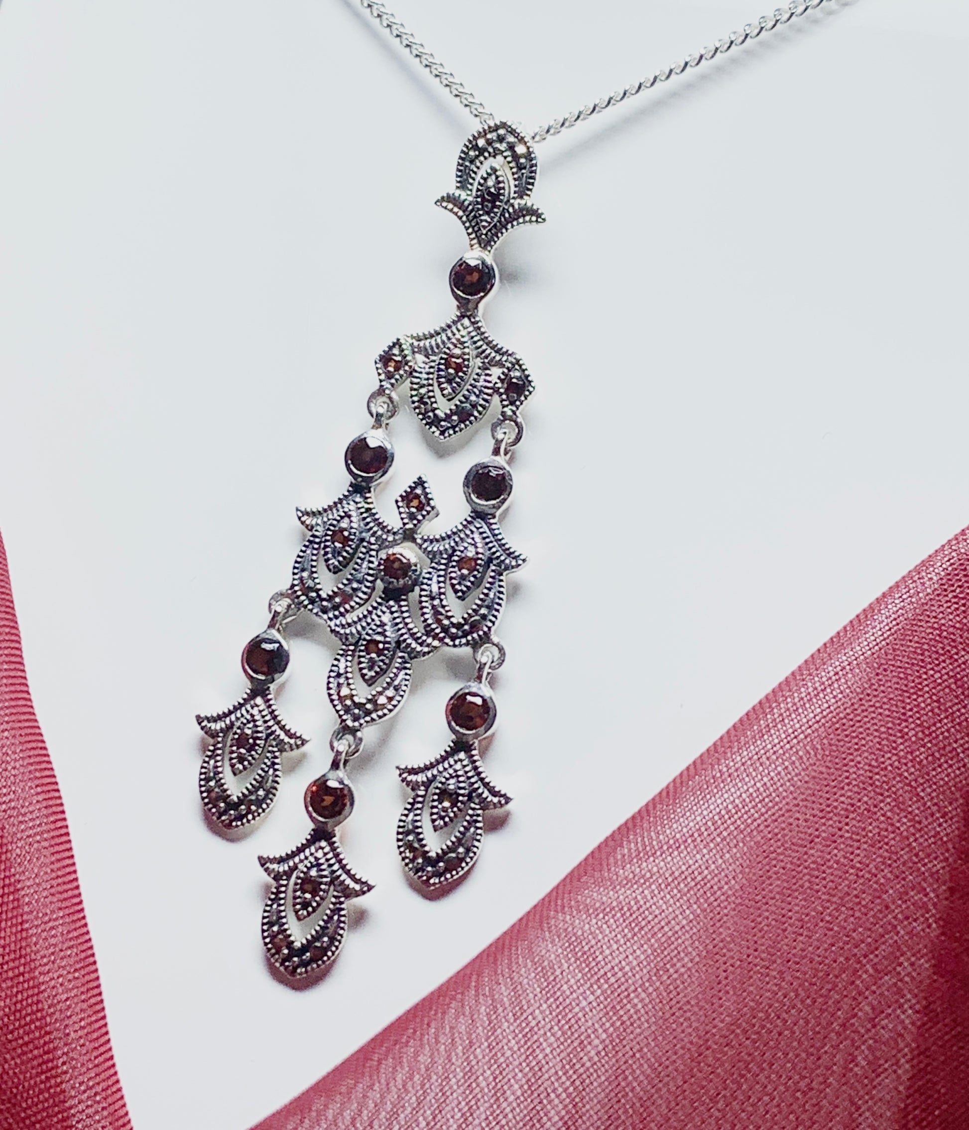 Large real garnet and marcasite long open pierced silver necklace