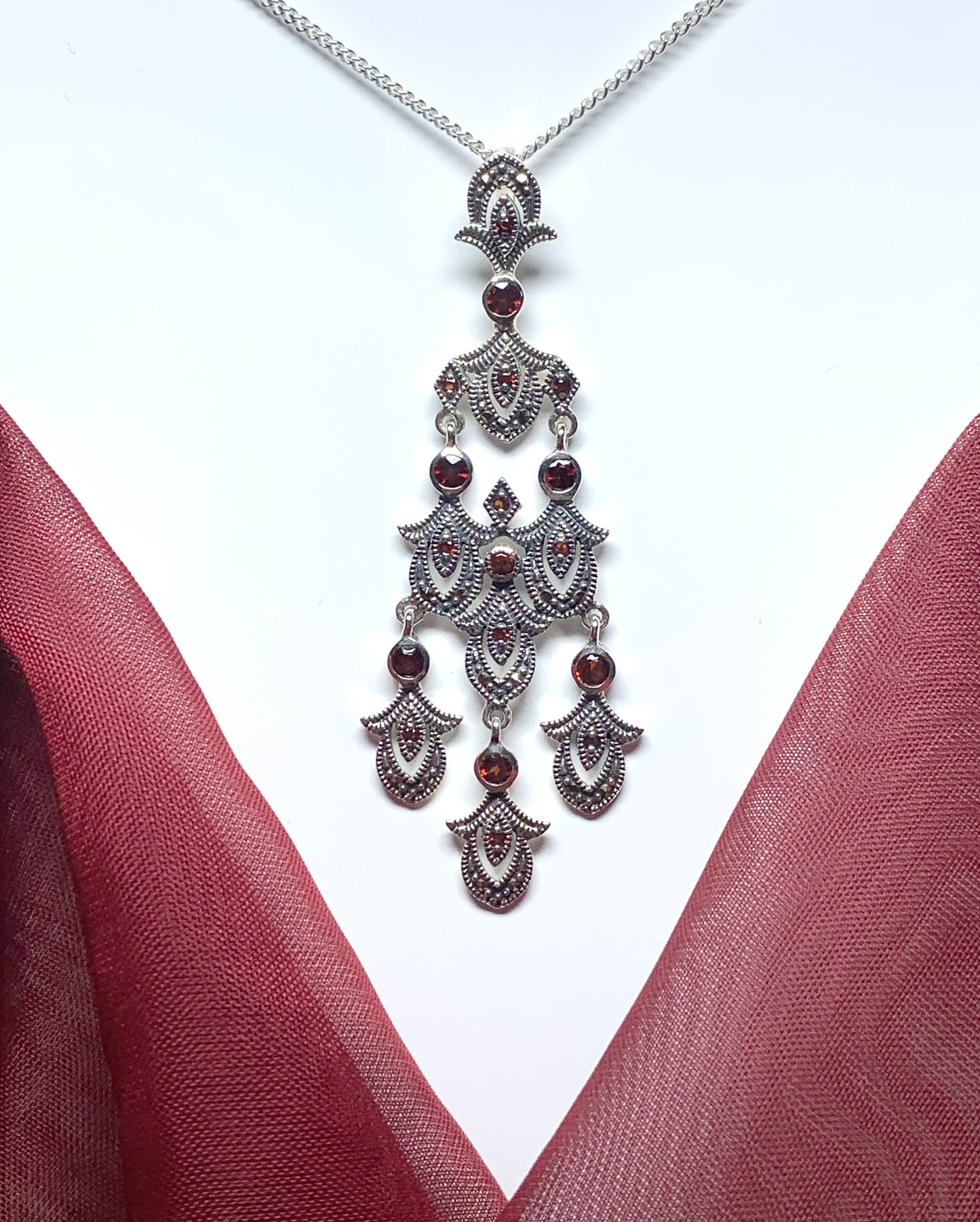 Large real garnet and marcasite long open pierced silver necklace