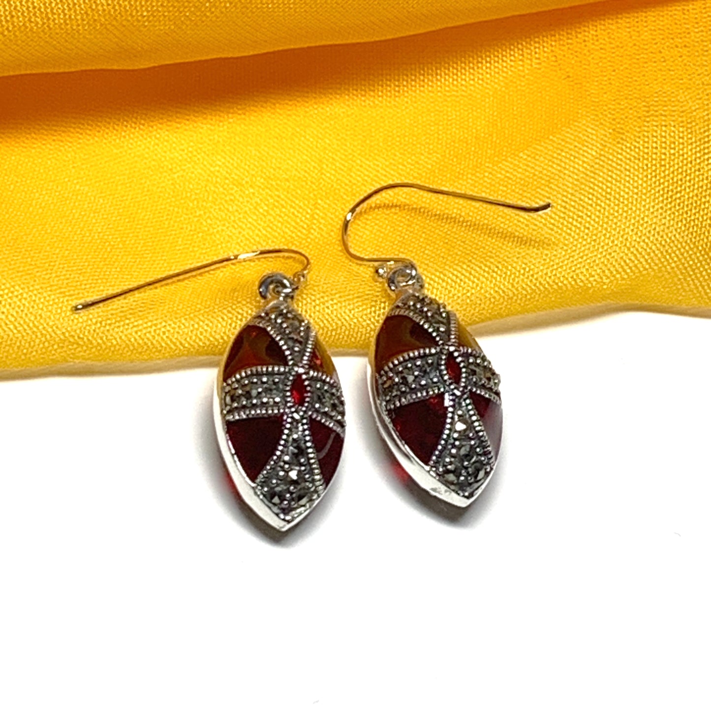 Large red crystal and marcasite teardrop pear drop earrings