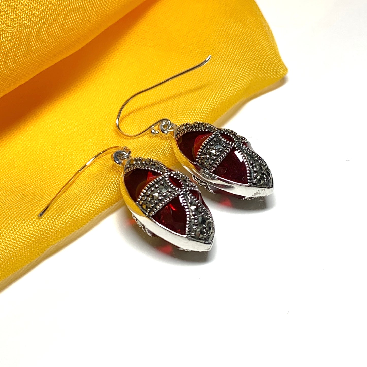Large red crystal and marcasite teardrop pear drop earrings