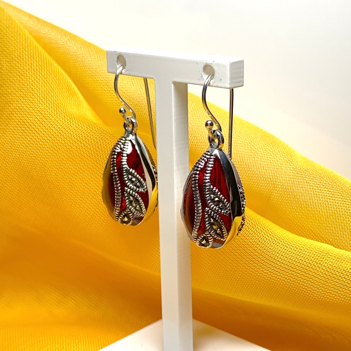 Large red crystal and marcasite pear teardrop earrings