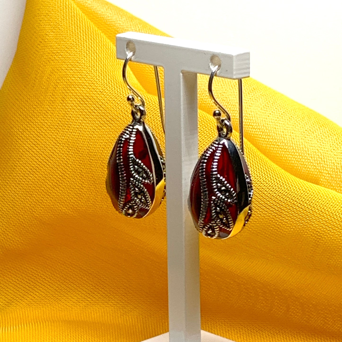 Large red crystal and marcasite pear teardrop earrings
