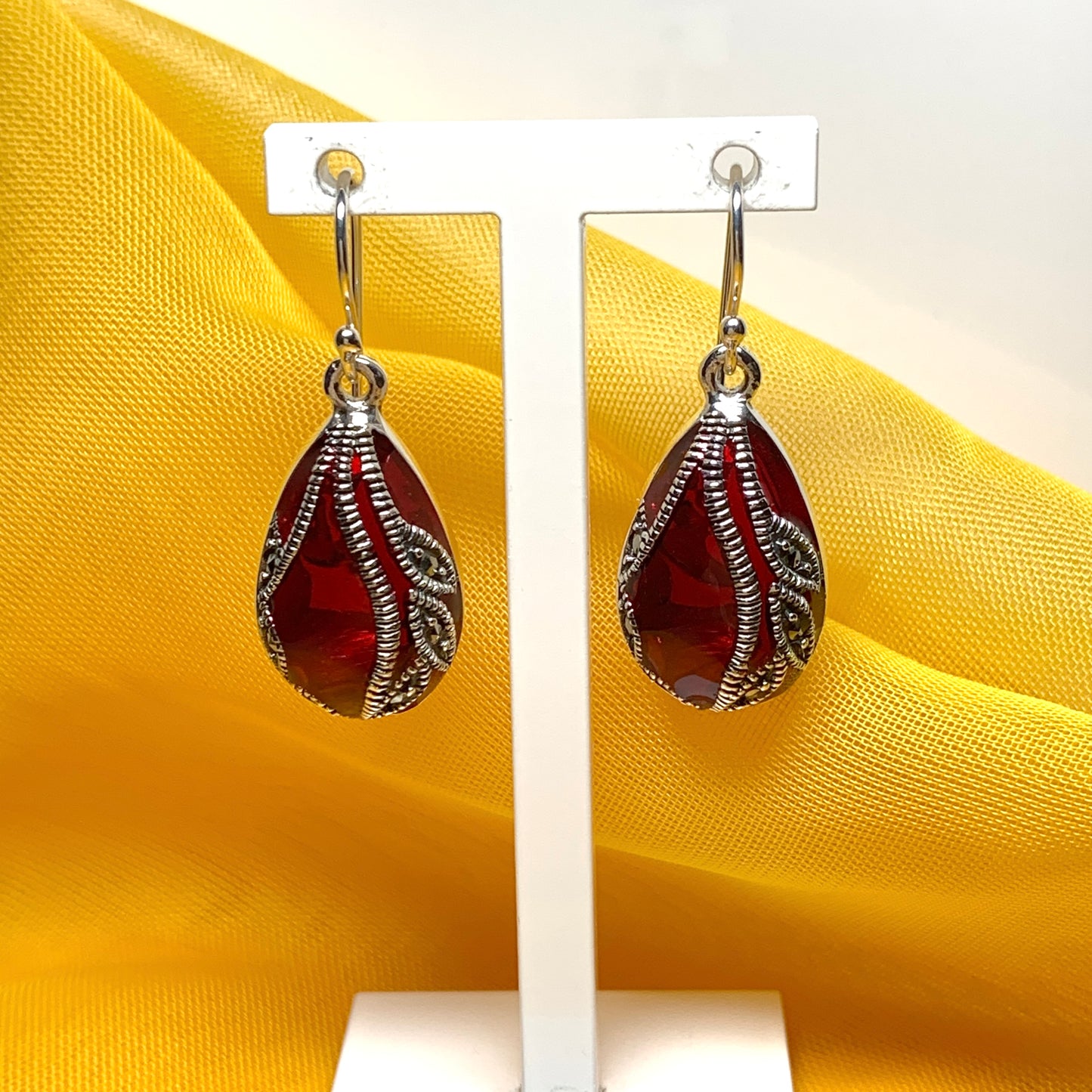 Large red crystal and marcasite pear teardrop earrings