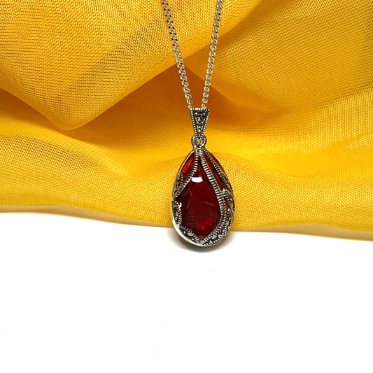 Large red crystal and marcasite pear teardrop necklace