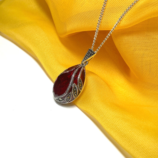 Large red crystal and marcasite pear teardrop necklace