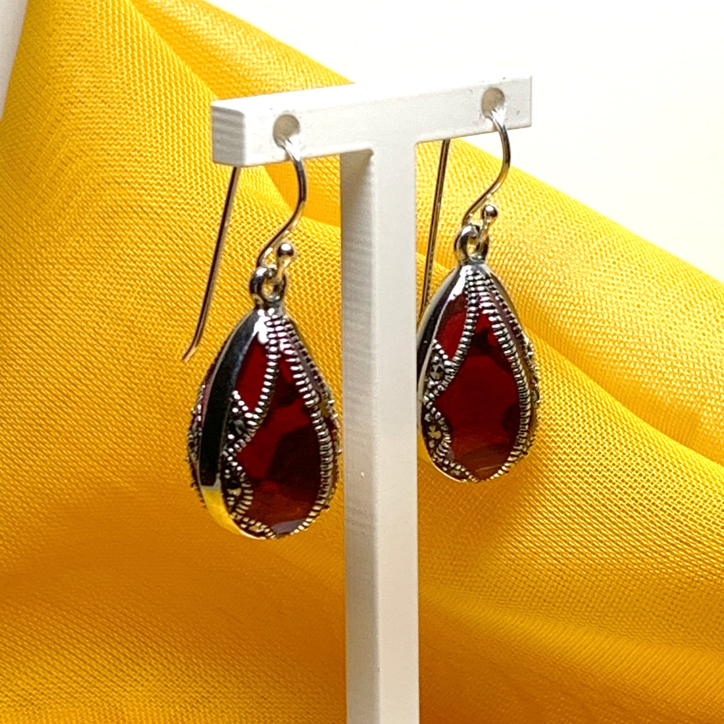 Large red crystal and marcasite pear teardrop earrings