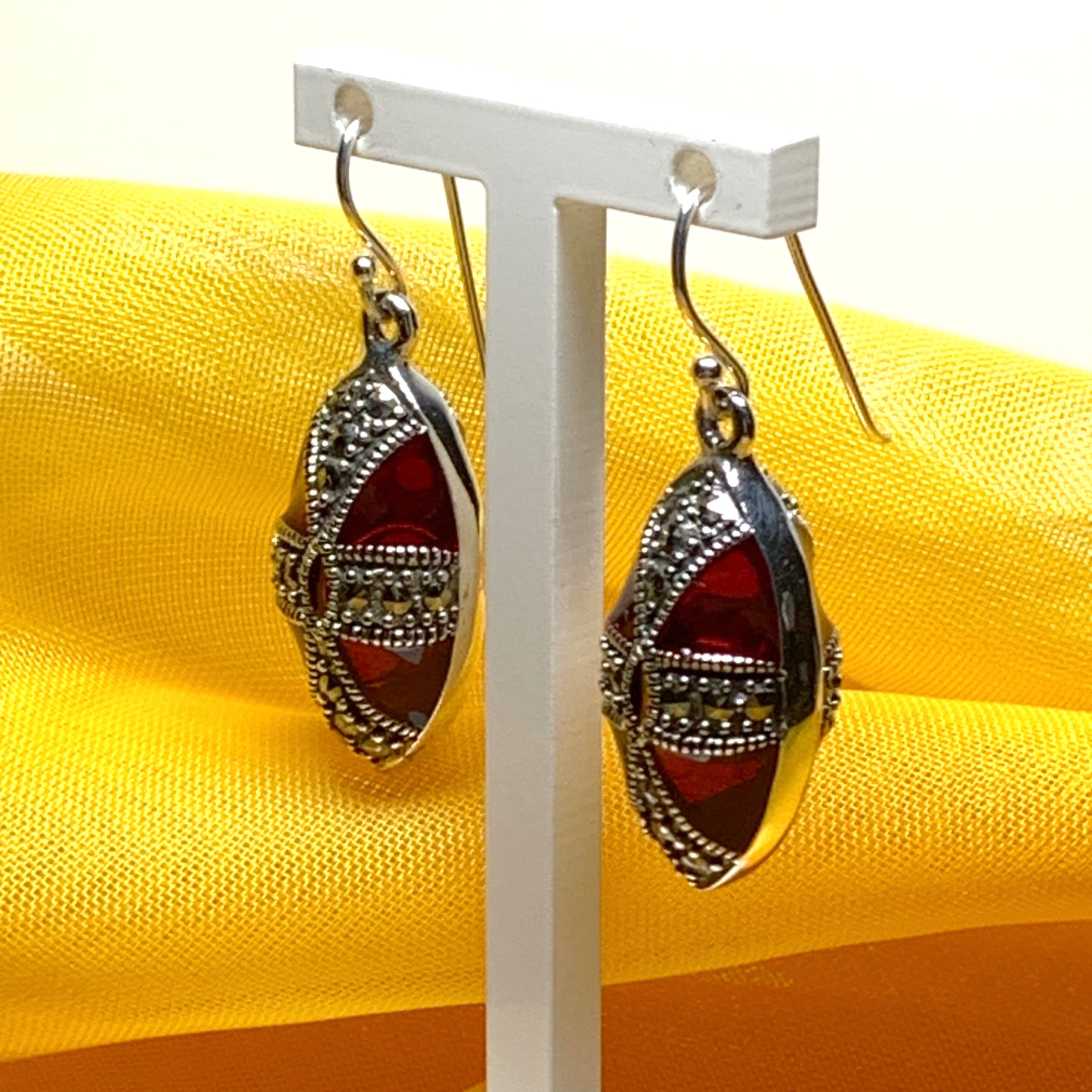 Large red crystal and marcasite teardrop pear drop earrings