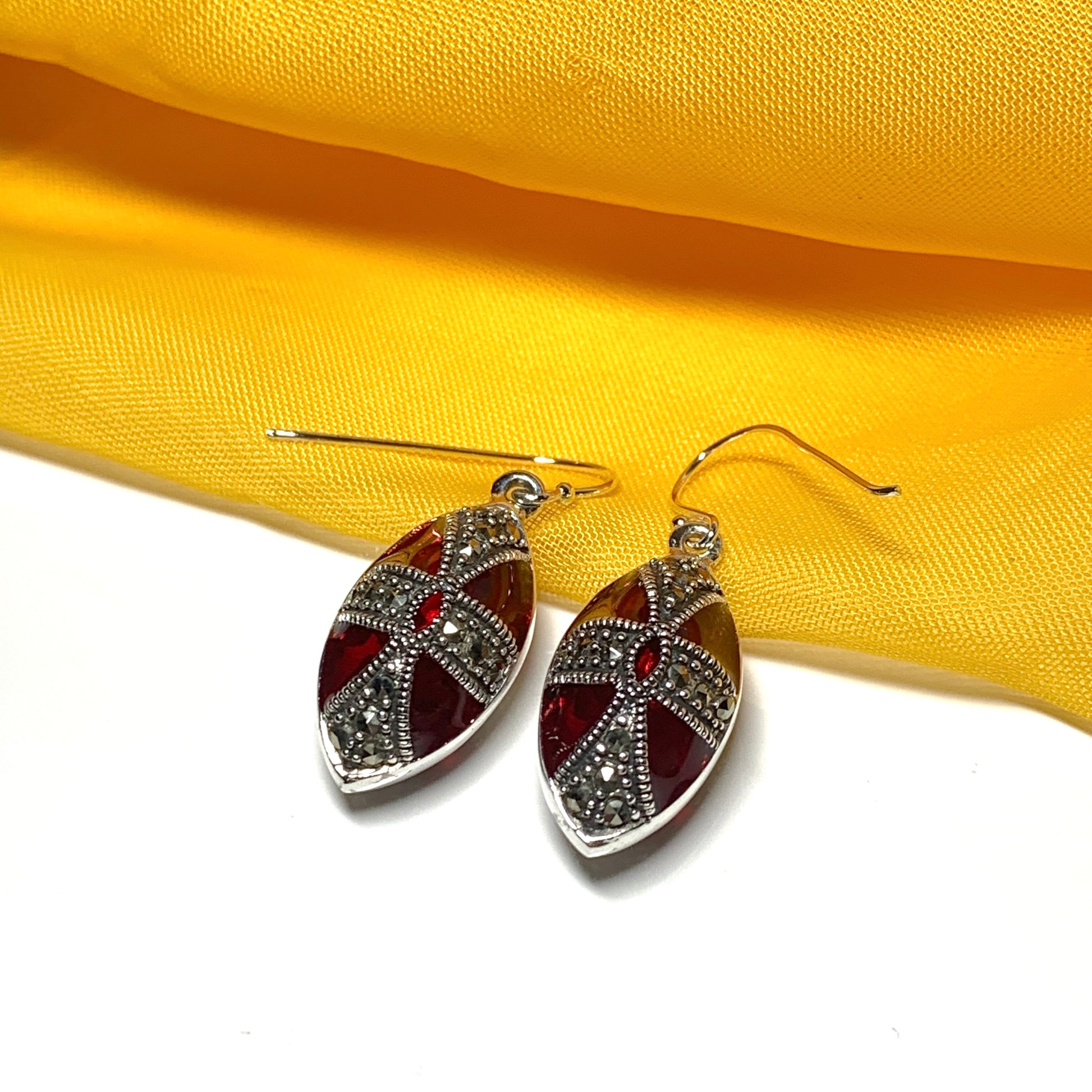 Large red crystal and marcasite teardrop pear drop earrings