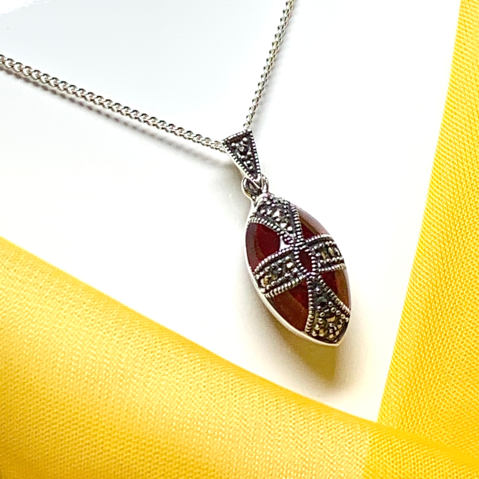 Large red crystal and marcasite teardrop pear necklace