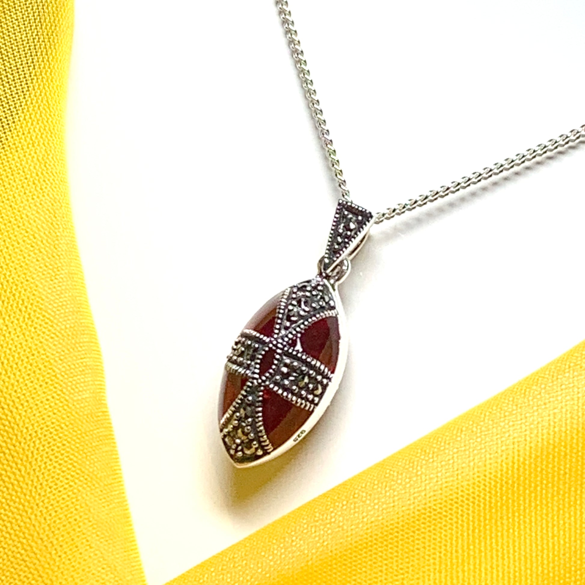 Large red crystal and marcasite teardrop pear necklace