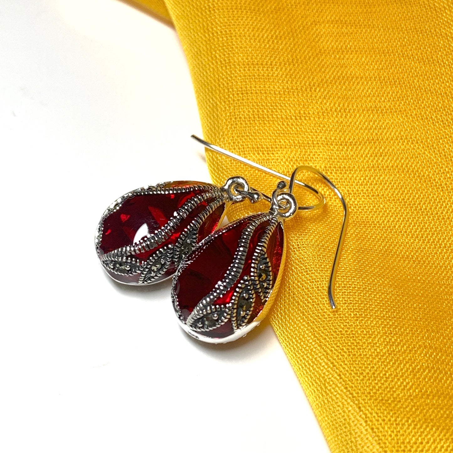Large red crystal and marcasite pear teardrop earrings