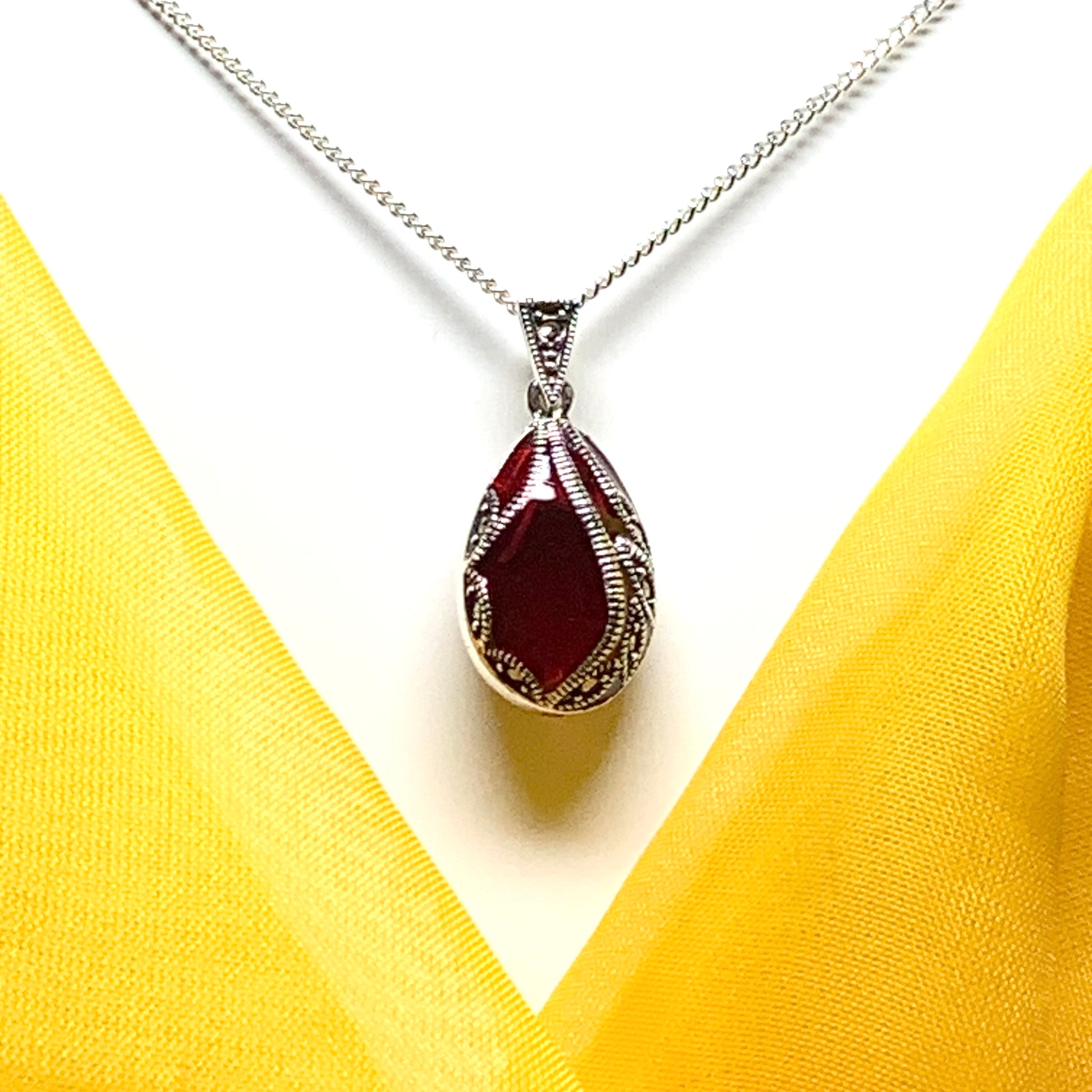 Large red crystal and marcasite pear teardrop necklace