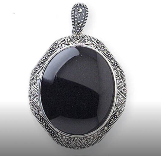 Large round real black jet and marcasite necklace pendant sterling silver