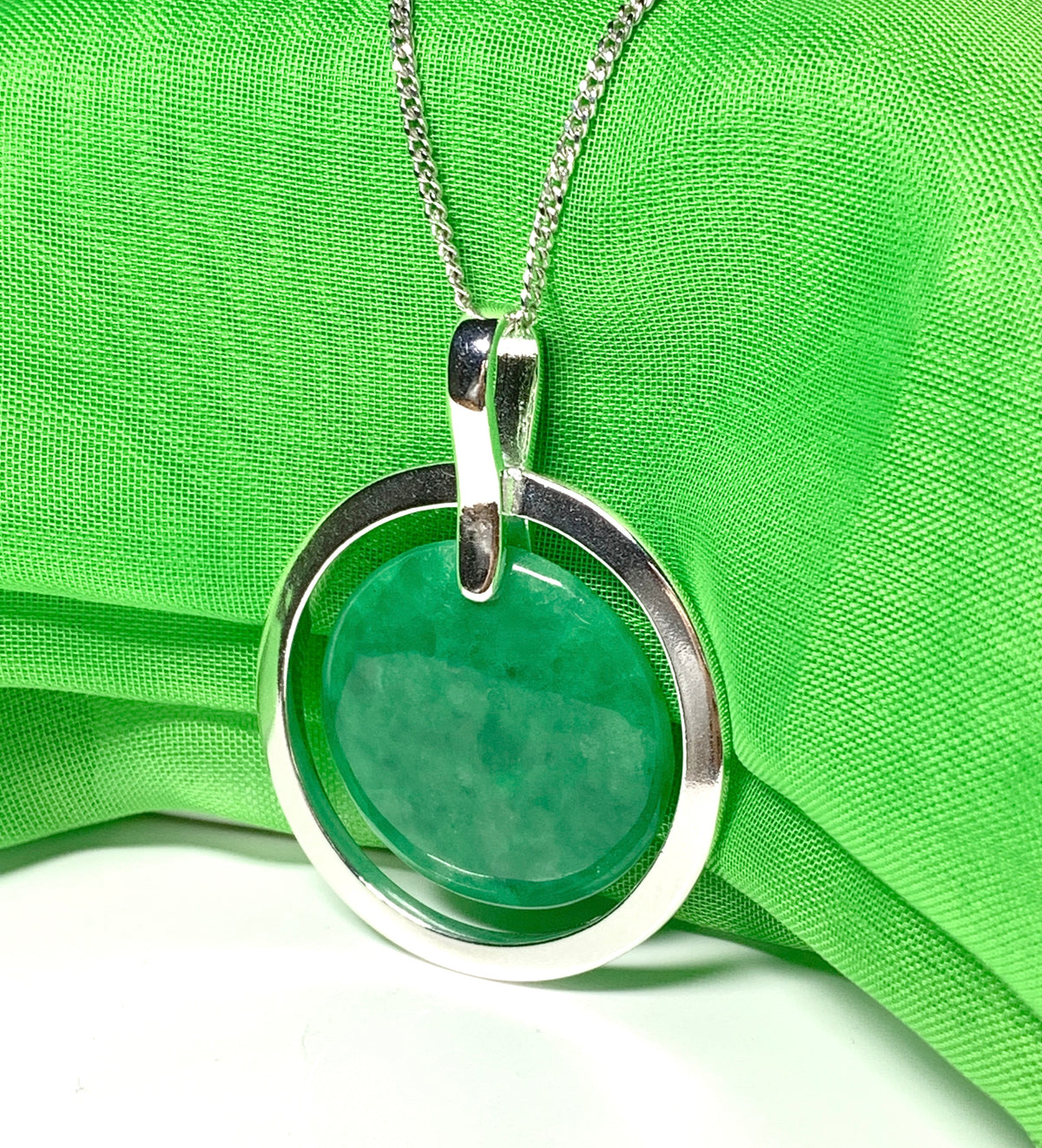 Large round shaped dark green real jade silver necklace