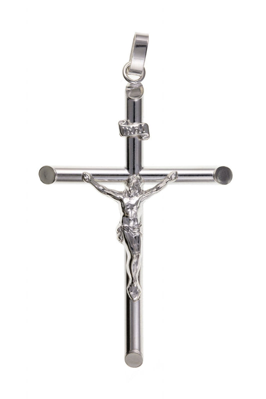 Large solid polished sterling silver crucifix cross necklace including chain