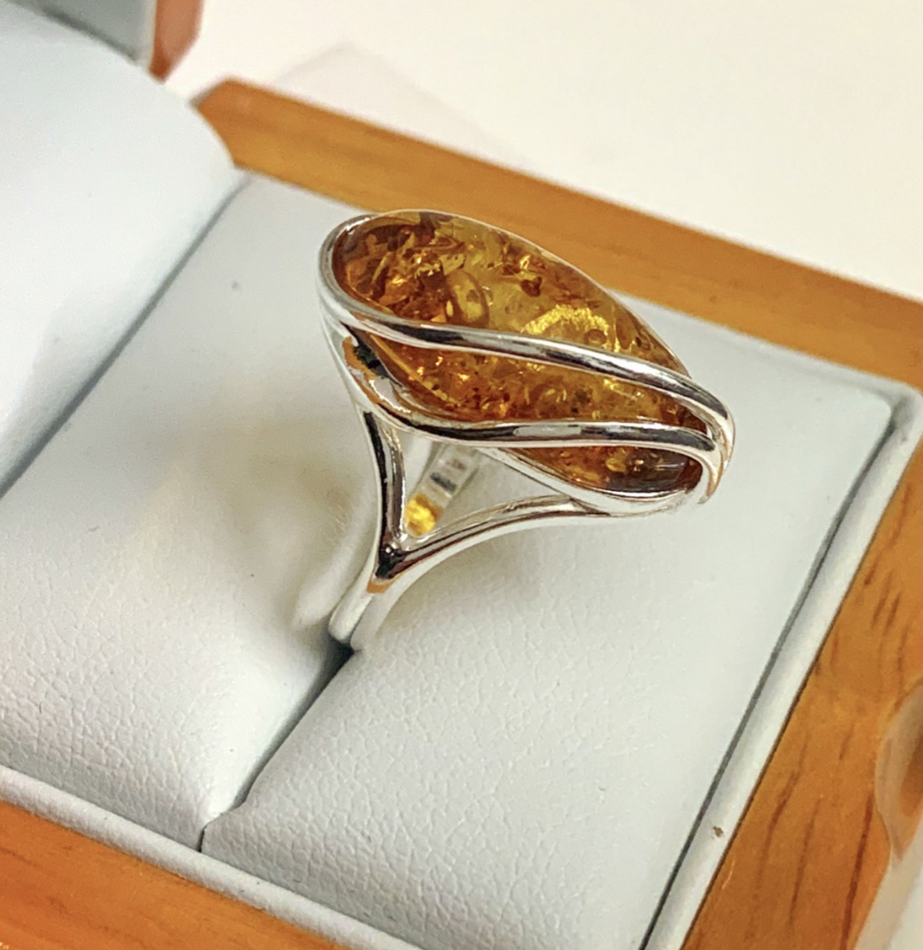 Large sterling silver amber ring marquise shaped
