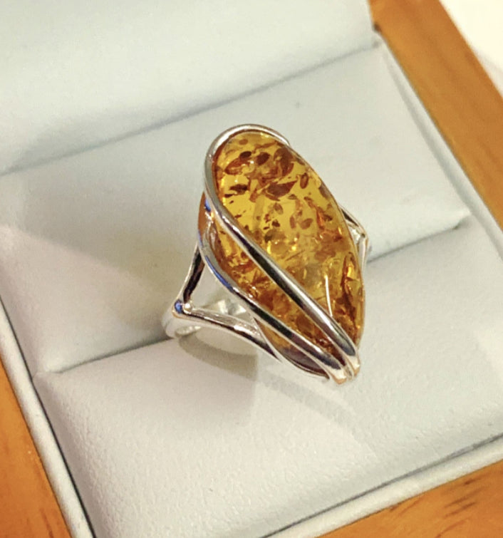 Large sterling silver amber ring marquise shaped