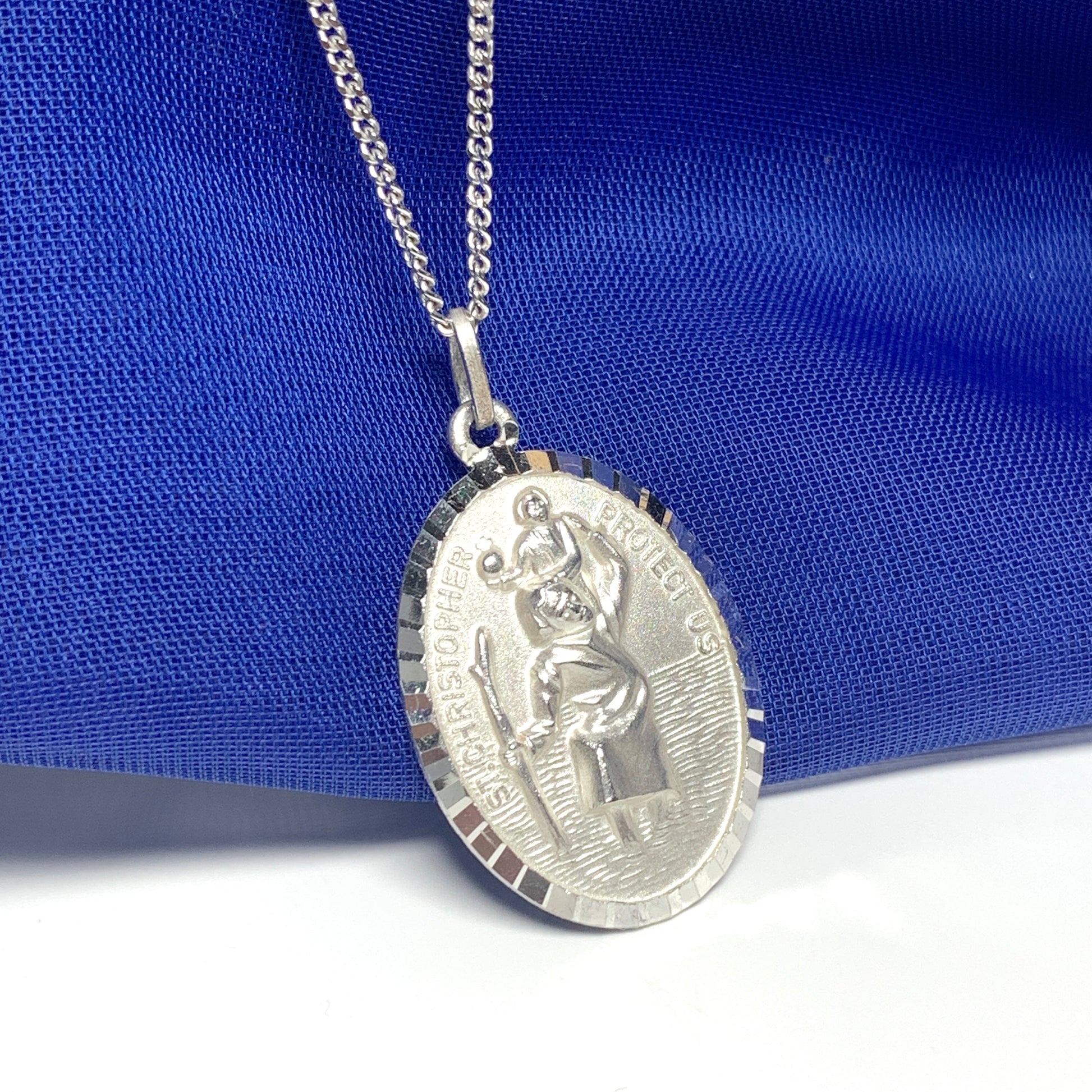 Large sterling silver oval men’s St. Christopher with curb chain