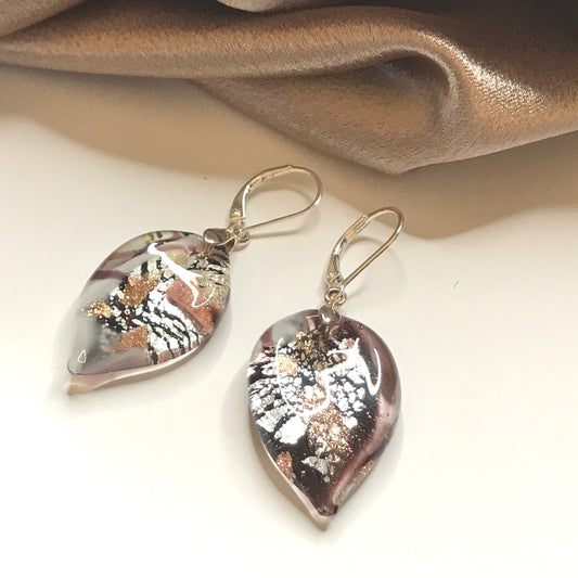 Light brown real Murano glass leaf drop earrings