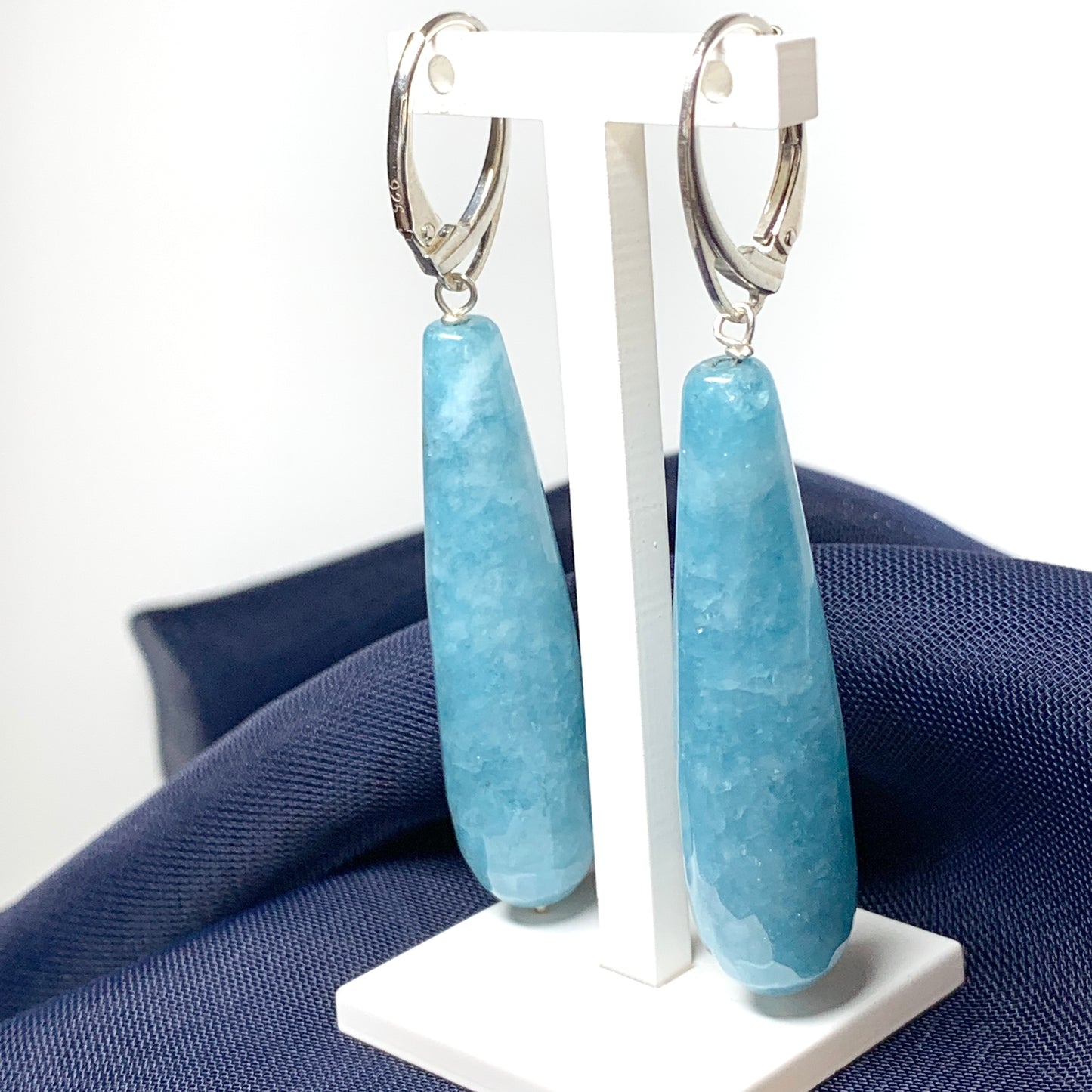 Light blue agate long teardrop shaped drop earrings