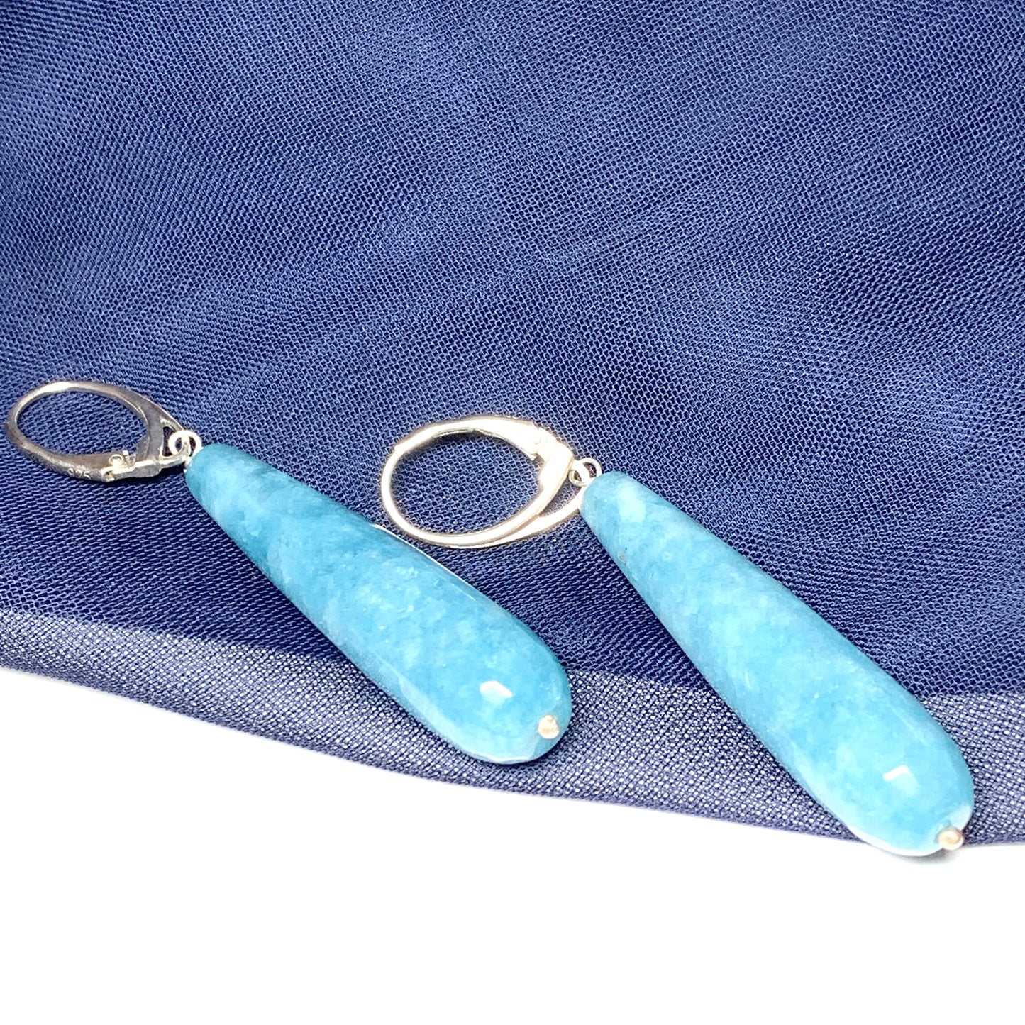 Light blue agate long teardrop shaped drop earrings