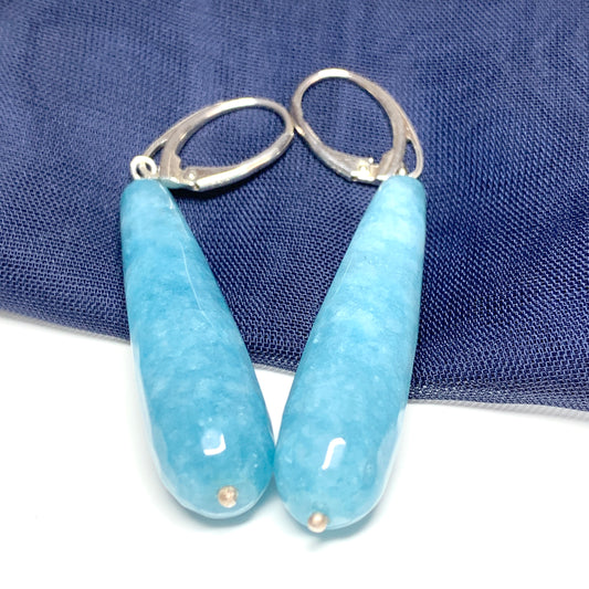 Light blue agate long teardrop shaped drop earrings