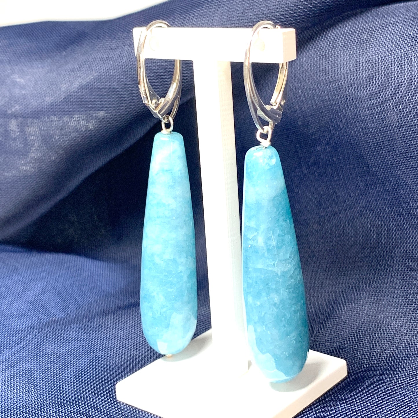 Light blue agate long teardrop shaped drop earrings