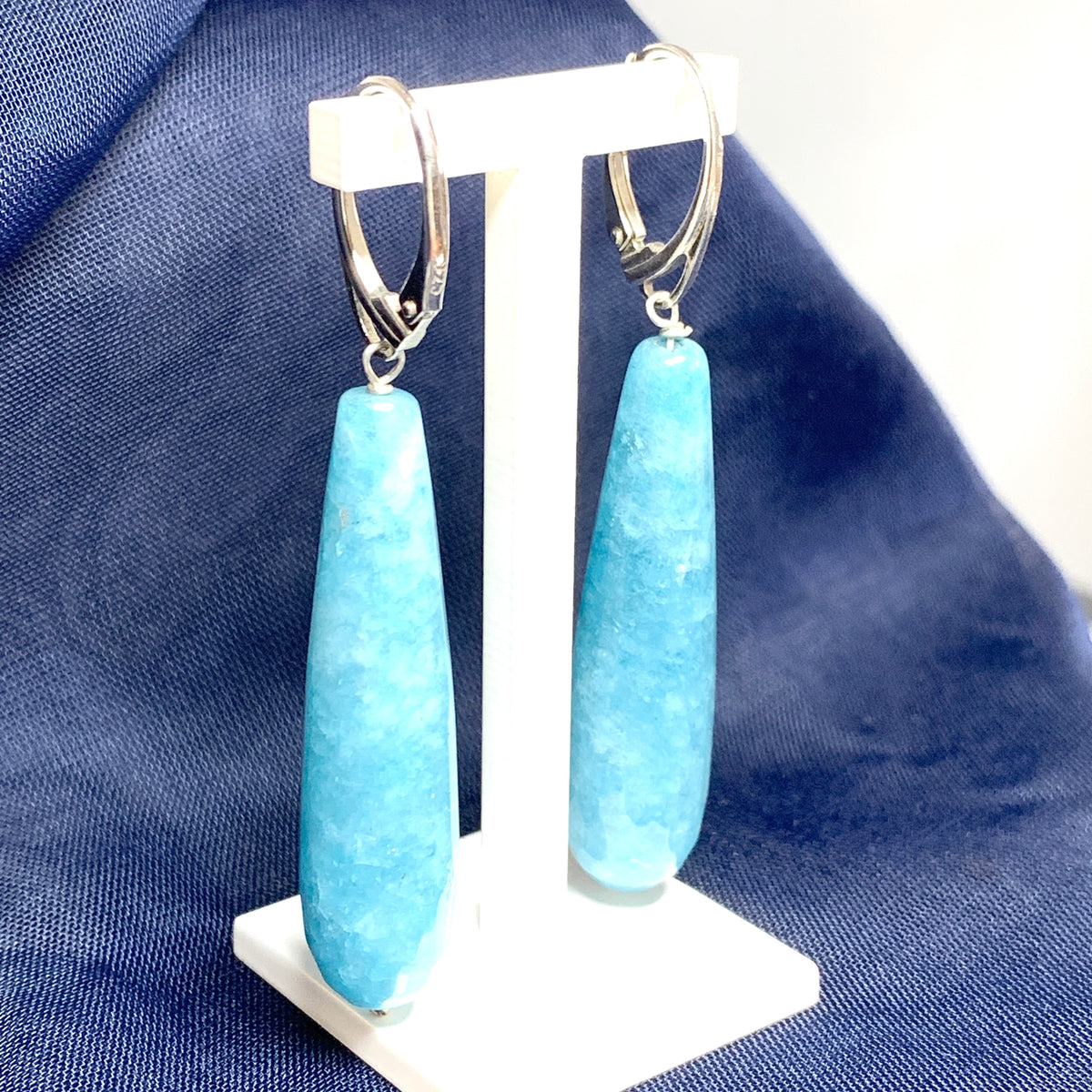 Light blue agate long teardrop shaped drop earrings