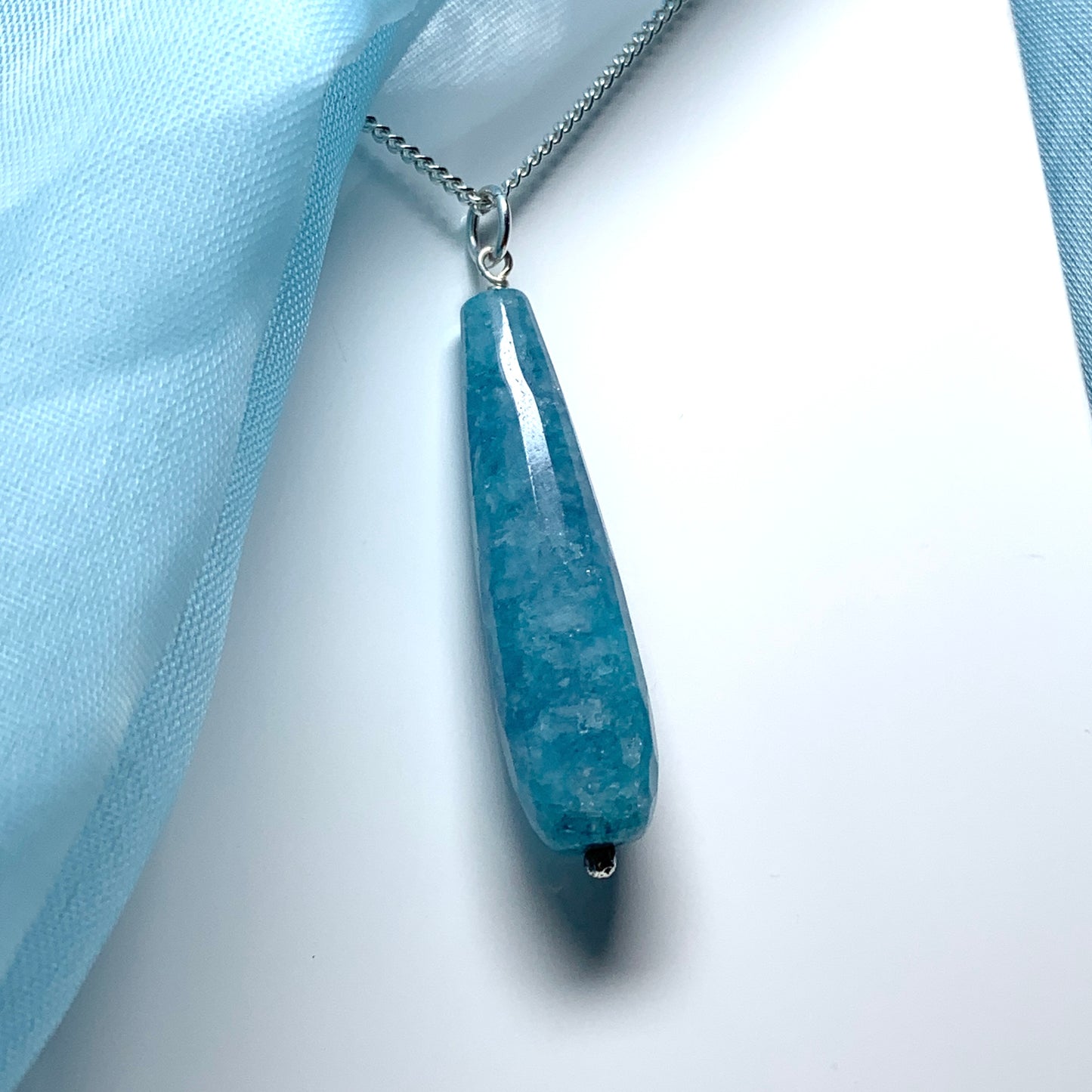 Light blue agate shaped teardrop necklace pendent sterling silver