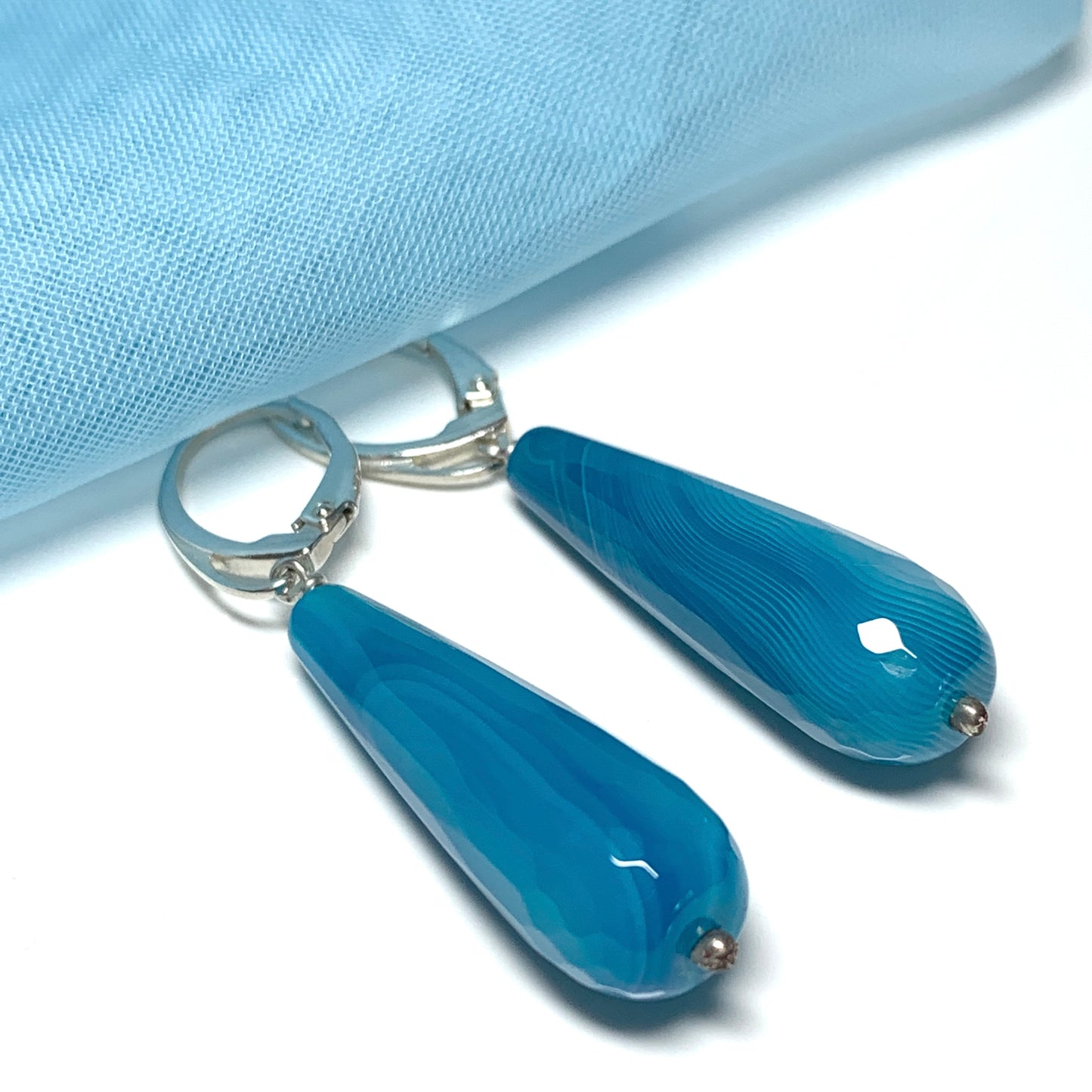 Light blue agate teardrop shaped long drop earrings