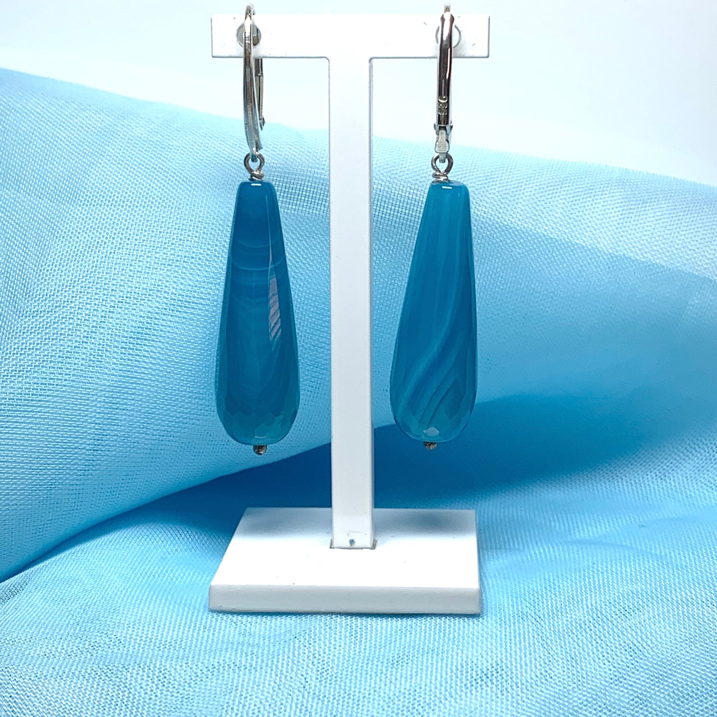Light blue agate teardrop shaped long drop earrings