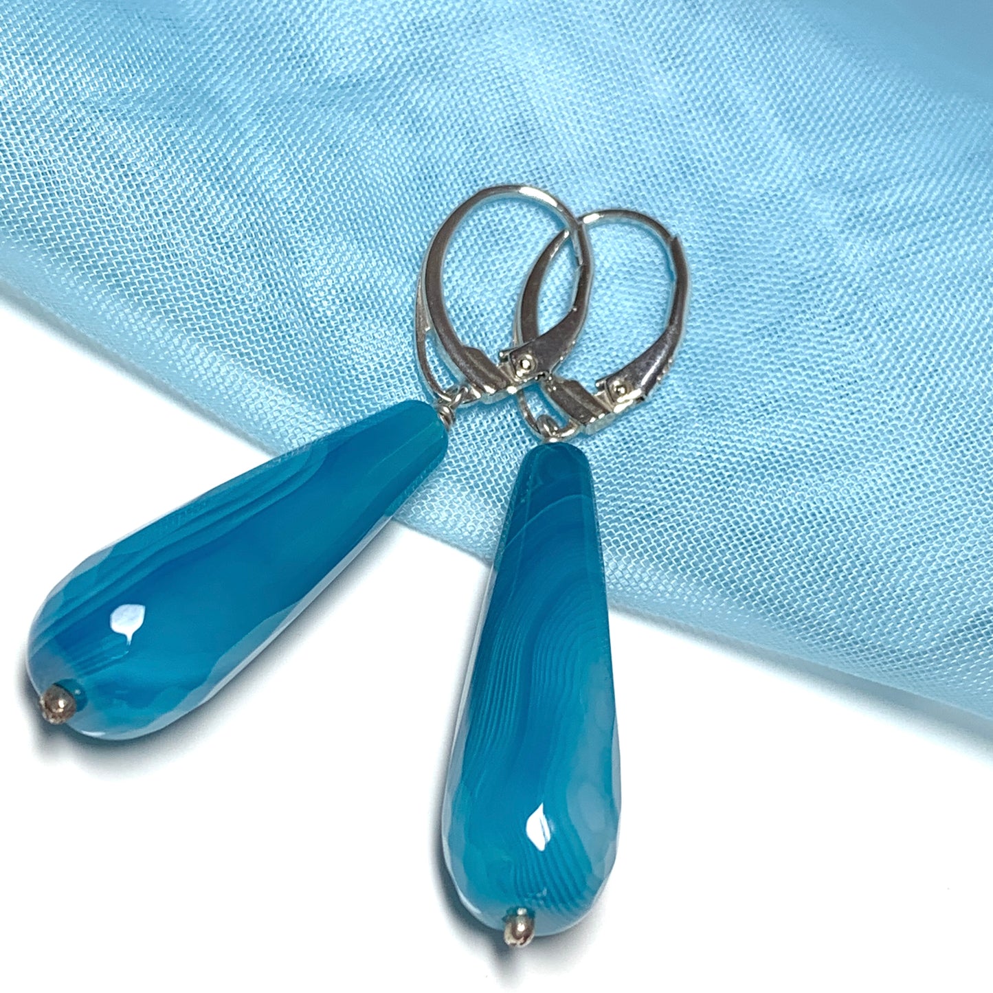 Light blue agate teardrop shaped long drop earrings