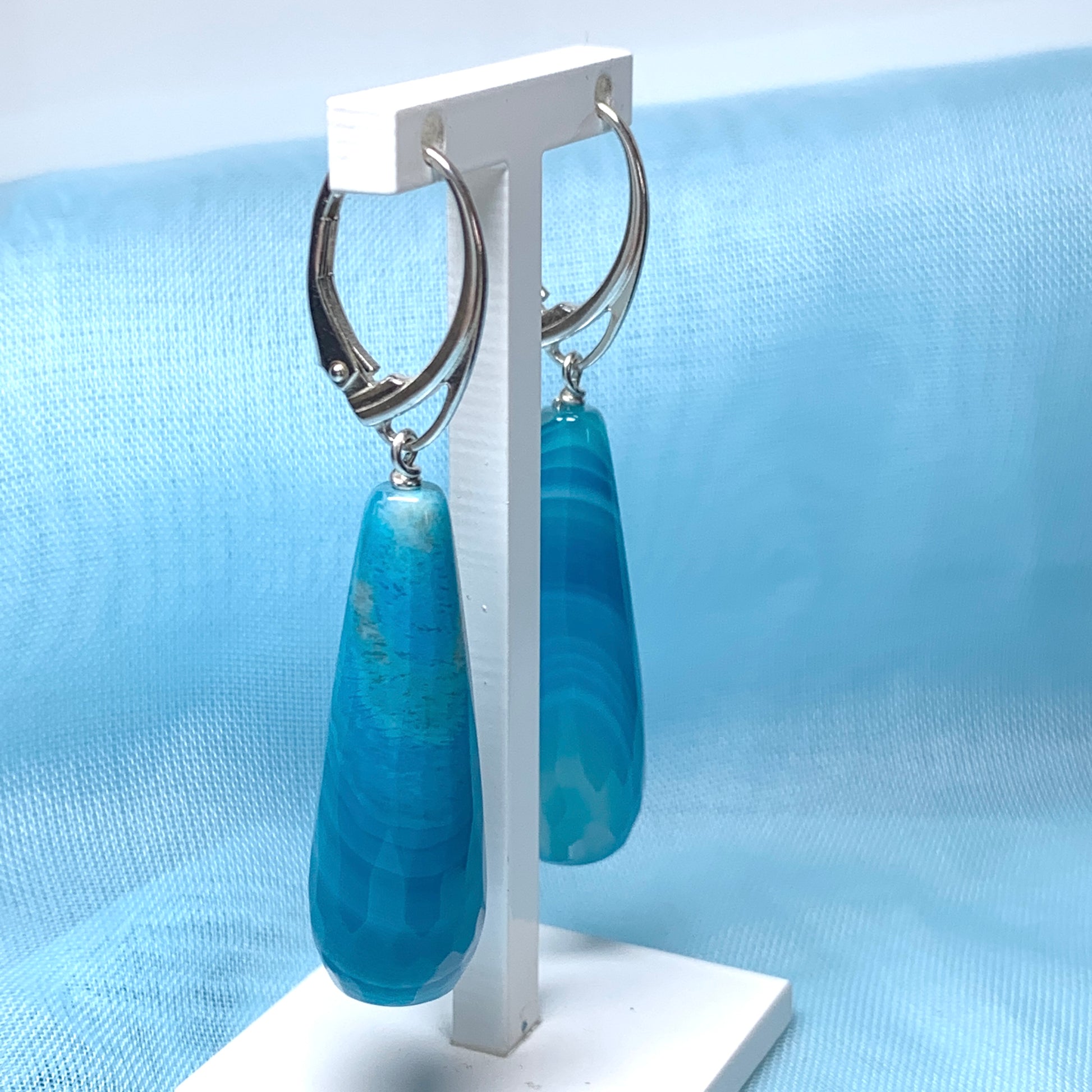Light blue long teardrop shaped drop agate earrings continental wire fittings