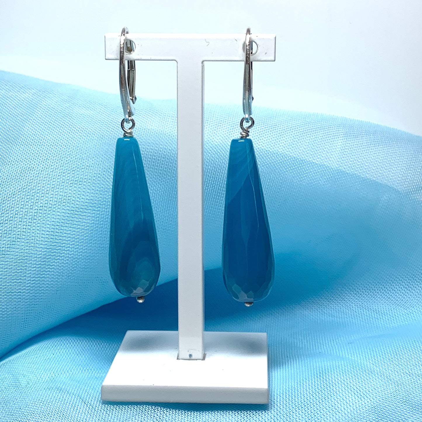 Light blue teardrop shaped agate long drop earrings