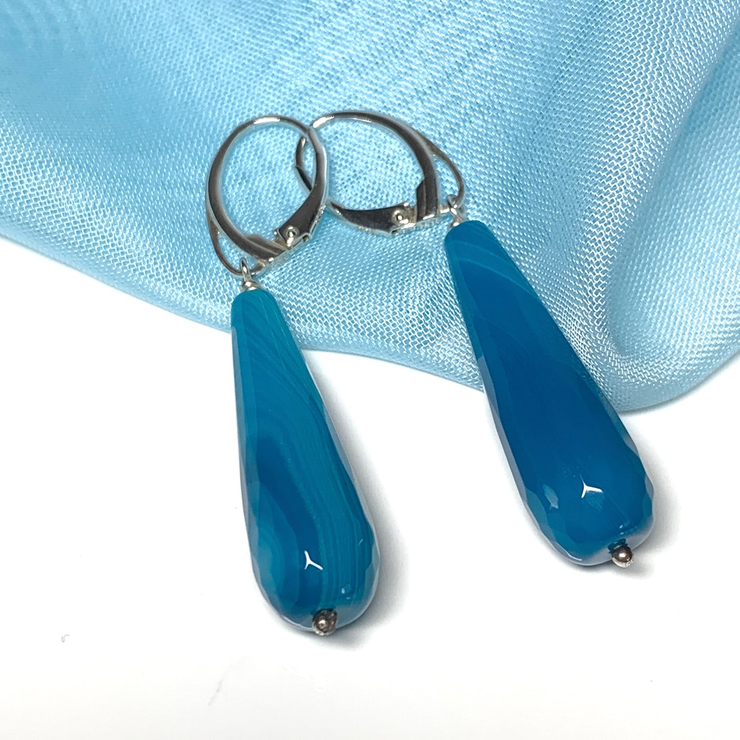 Light blue teardrop shaped agate long drop earrings