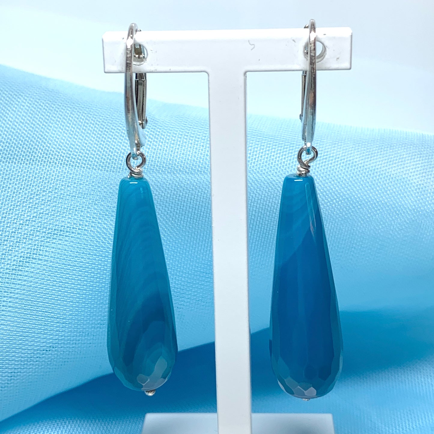 Light blue teardrop shaped agate long drop earrings